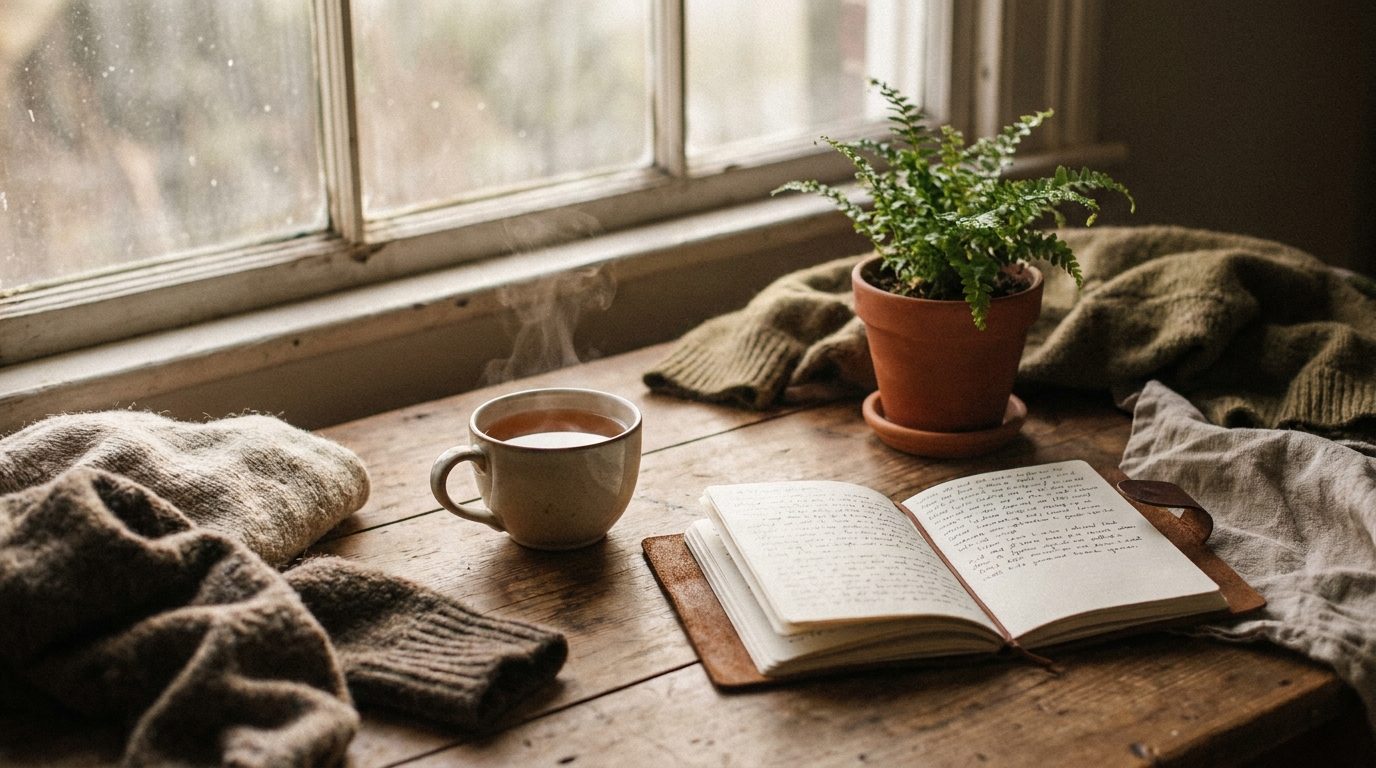 Un diario abierto junto a una taza