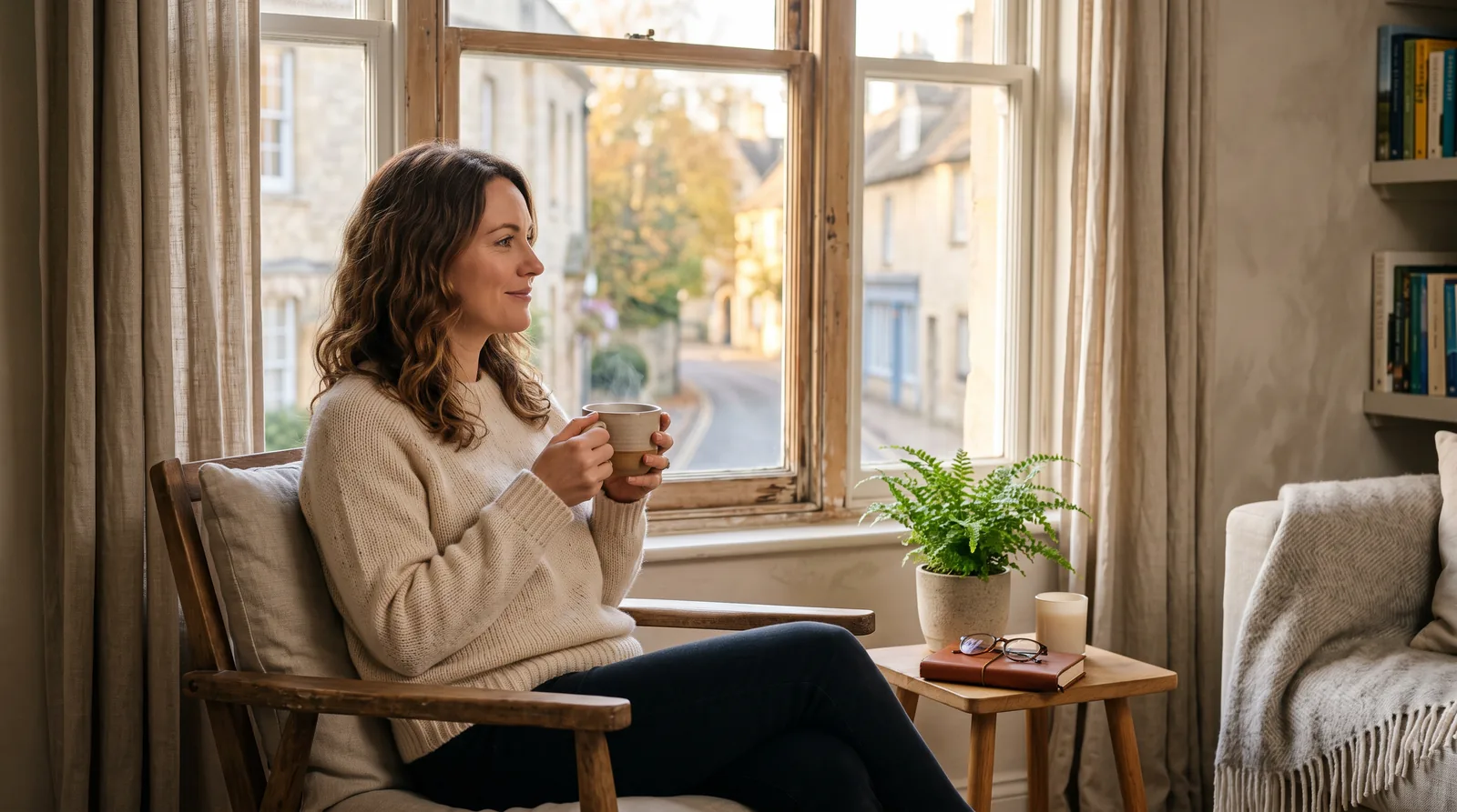 Mujer sentada junto a una ventana en un salón cálido, sosteniendo con ambas manos una taza de té, con actitud tranquila y serena