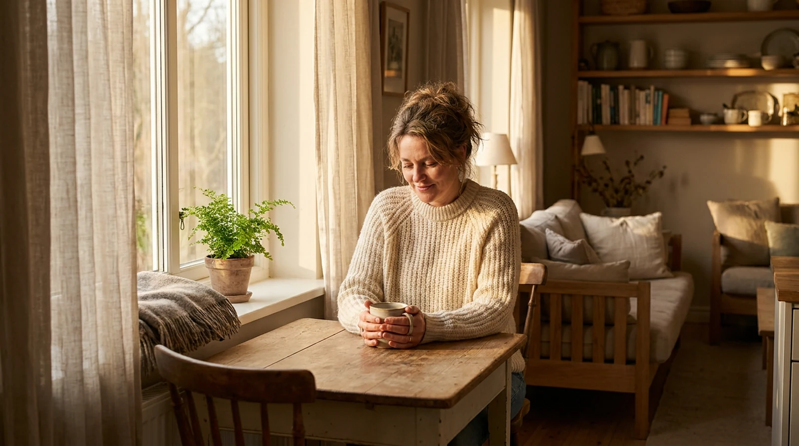 Mujer sentada a una mesa de madera junto a una ventana con luz cálida de primera hora de la mañana, sosteniendo una taza de café con ambas manos y la mirada baja, en un momento de calma antes de empezar el día