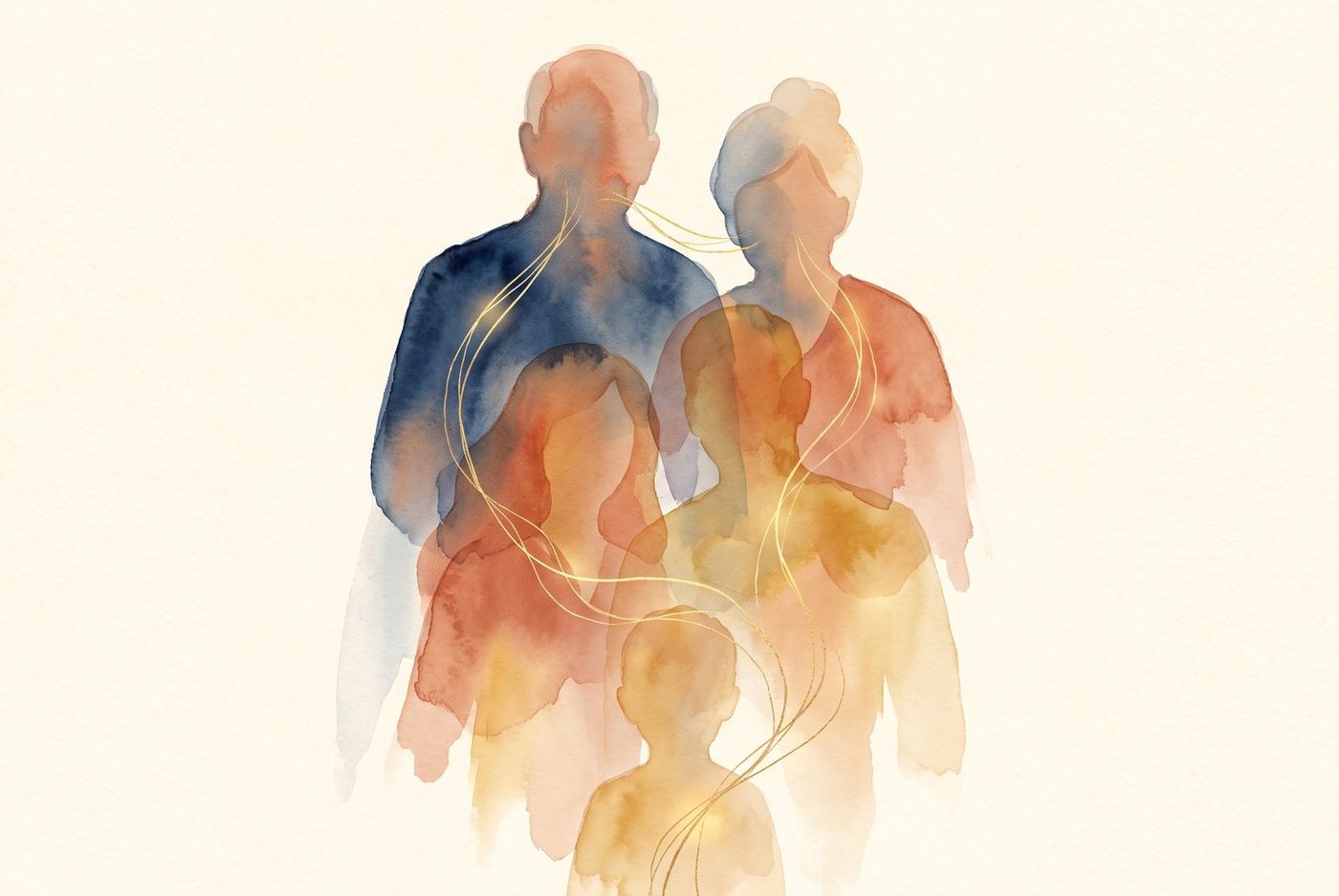 Acuarela de varias generaciones de una misma familia, una detras de otra