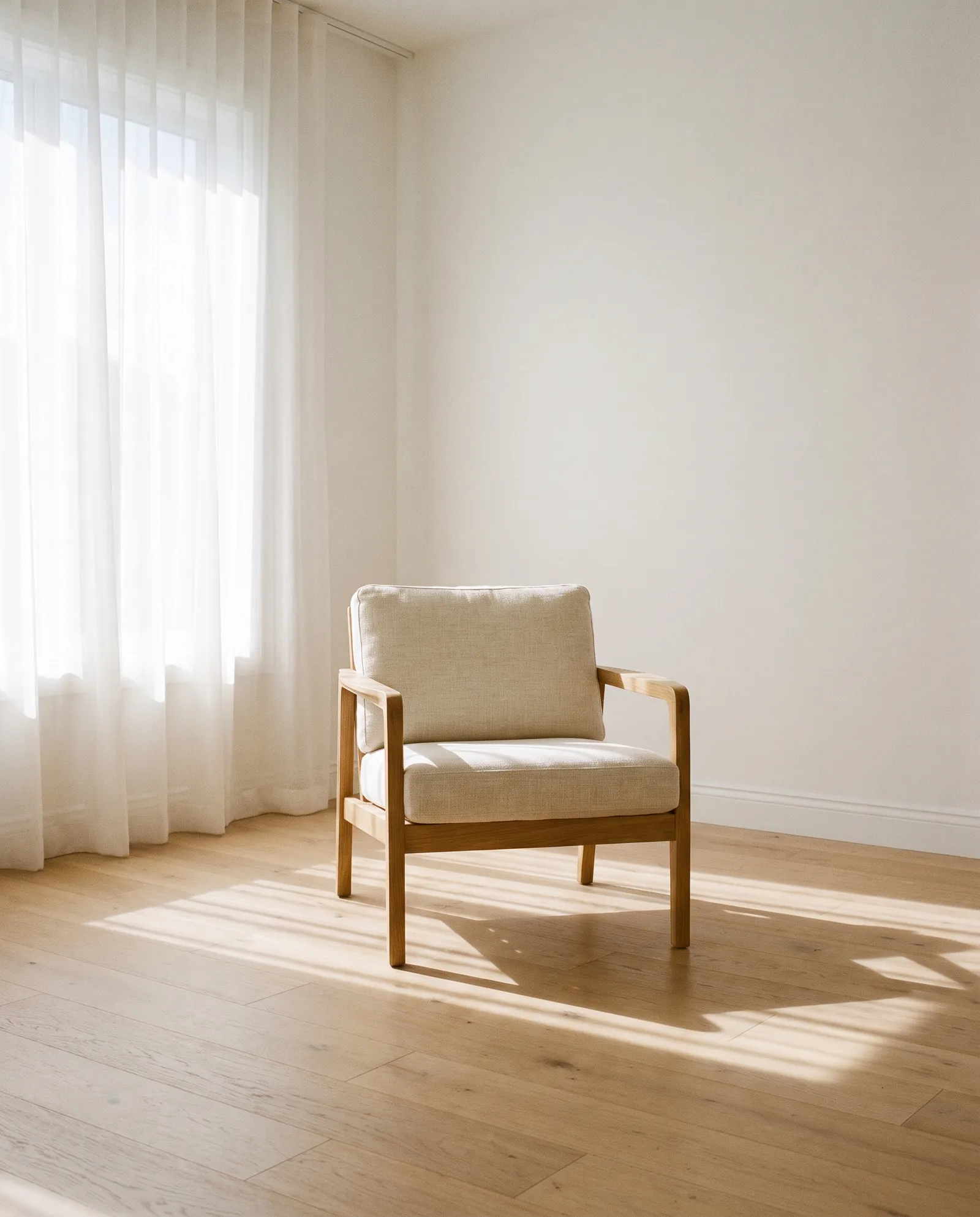 Un sillón de madera con cojín de lino en mitad de una sala clara, con luz de mañana