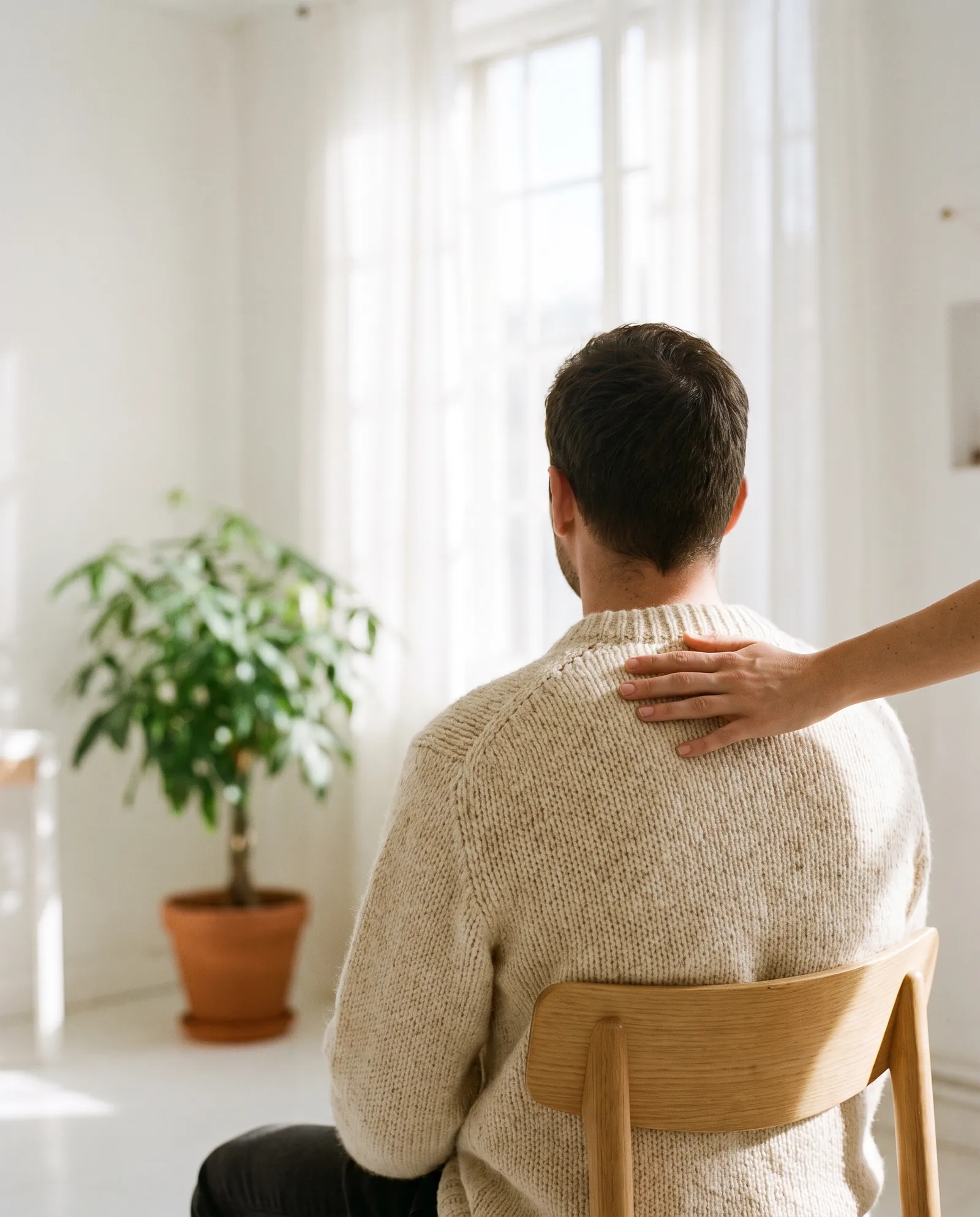 Una persona sentada de espaldas, en una sala luminosa, con una mano apoyada con cariño en su hombro