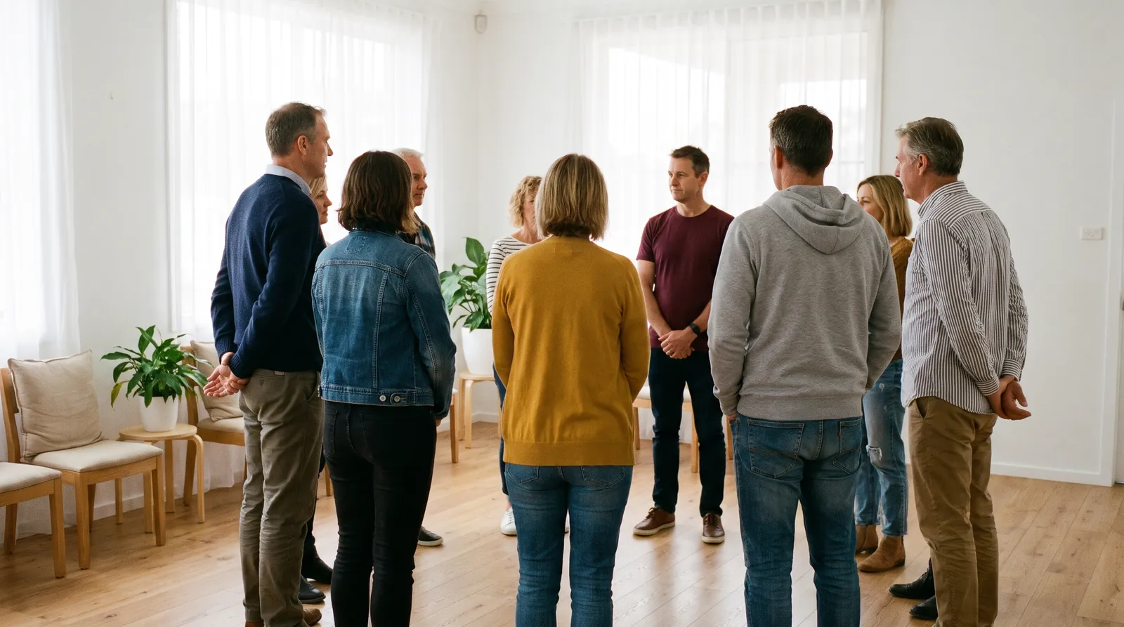 Un grupo de personas de distintas edades, de pie en círculo, en una sala clara y acogedora