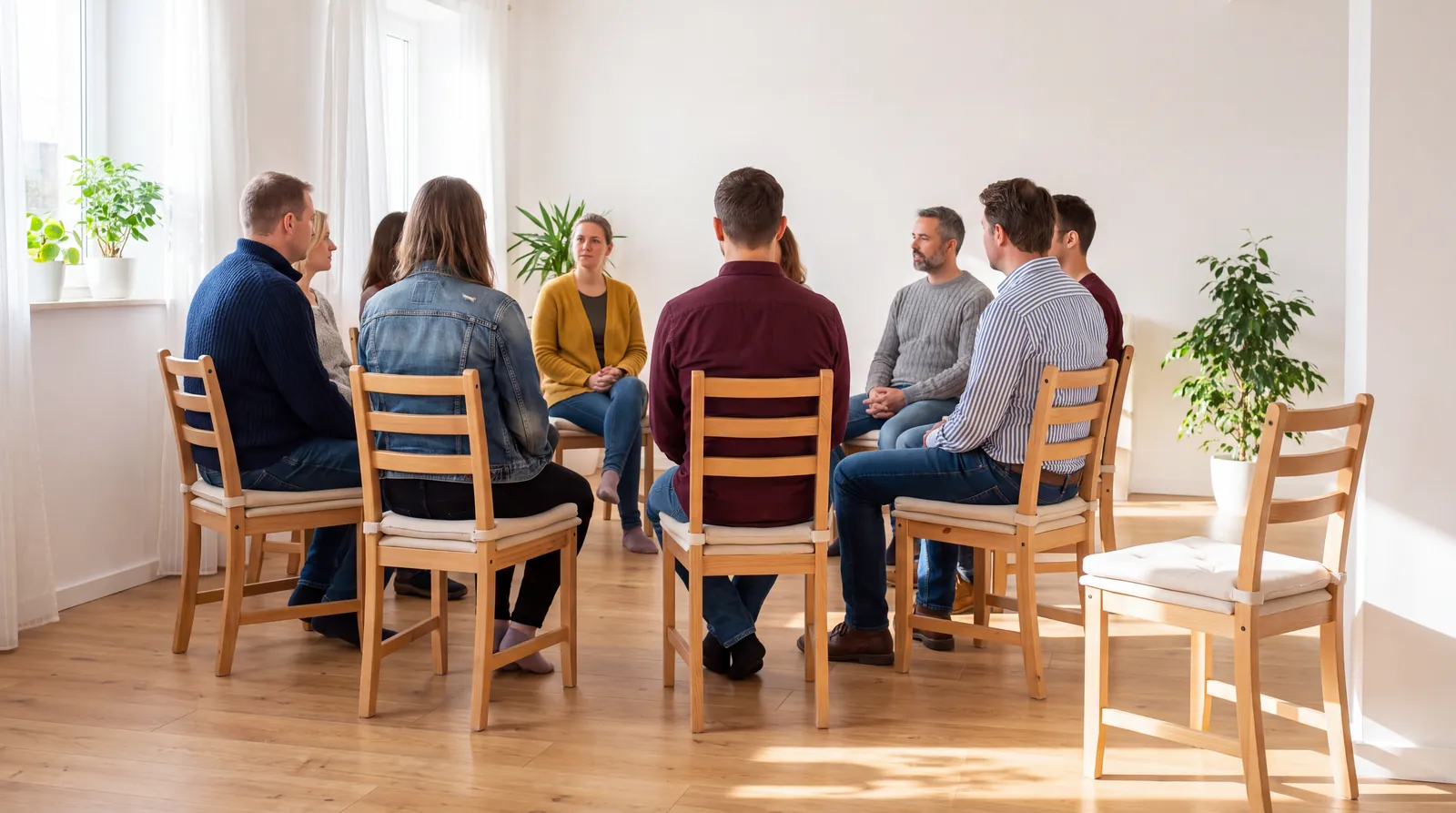 Un círculo de personas sentadas en una sala luminosa, con una silla libre en primer plano